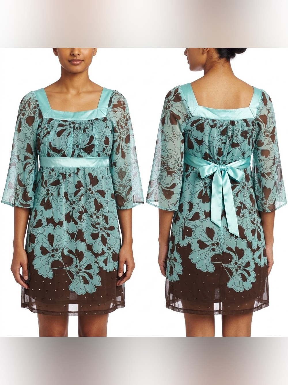 Hype Vintage Y2K Teal & Brown Floral Sheer Chiffon Empire Waist Mini Dress